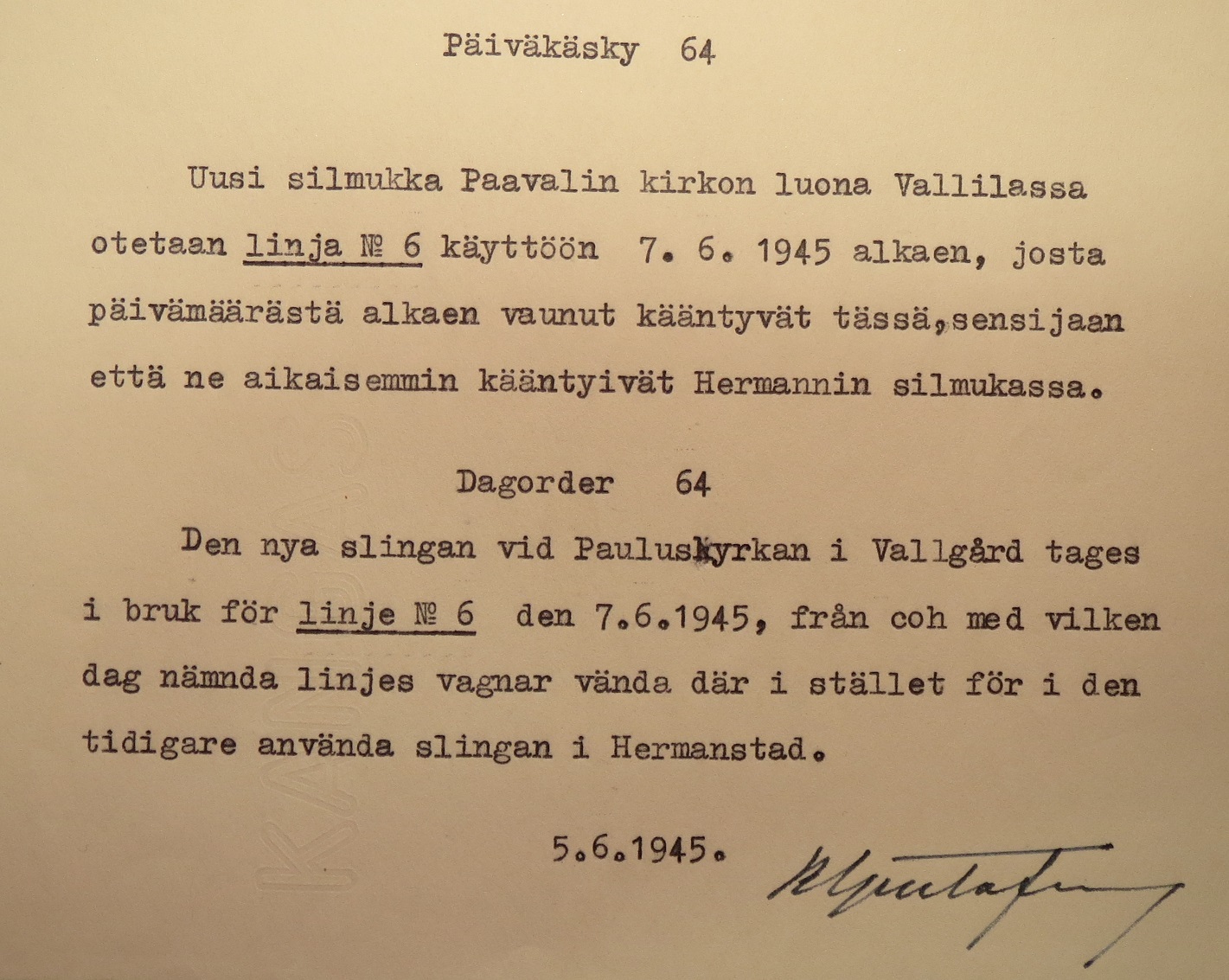 HKL:n päiväkäsky 64/1945