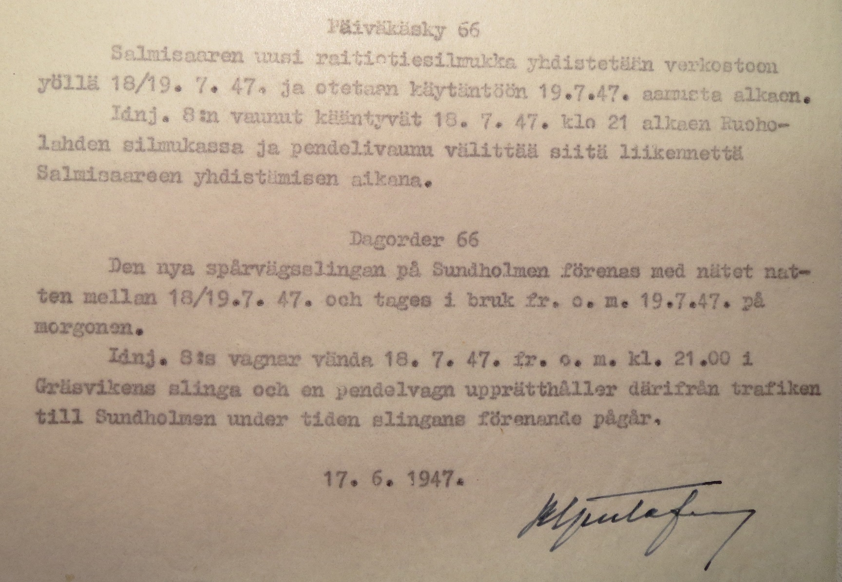 HKL:n päiväkäsky 66/1947
