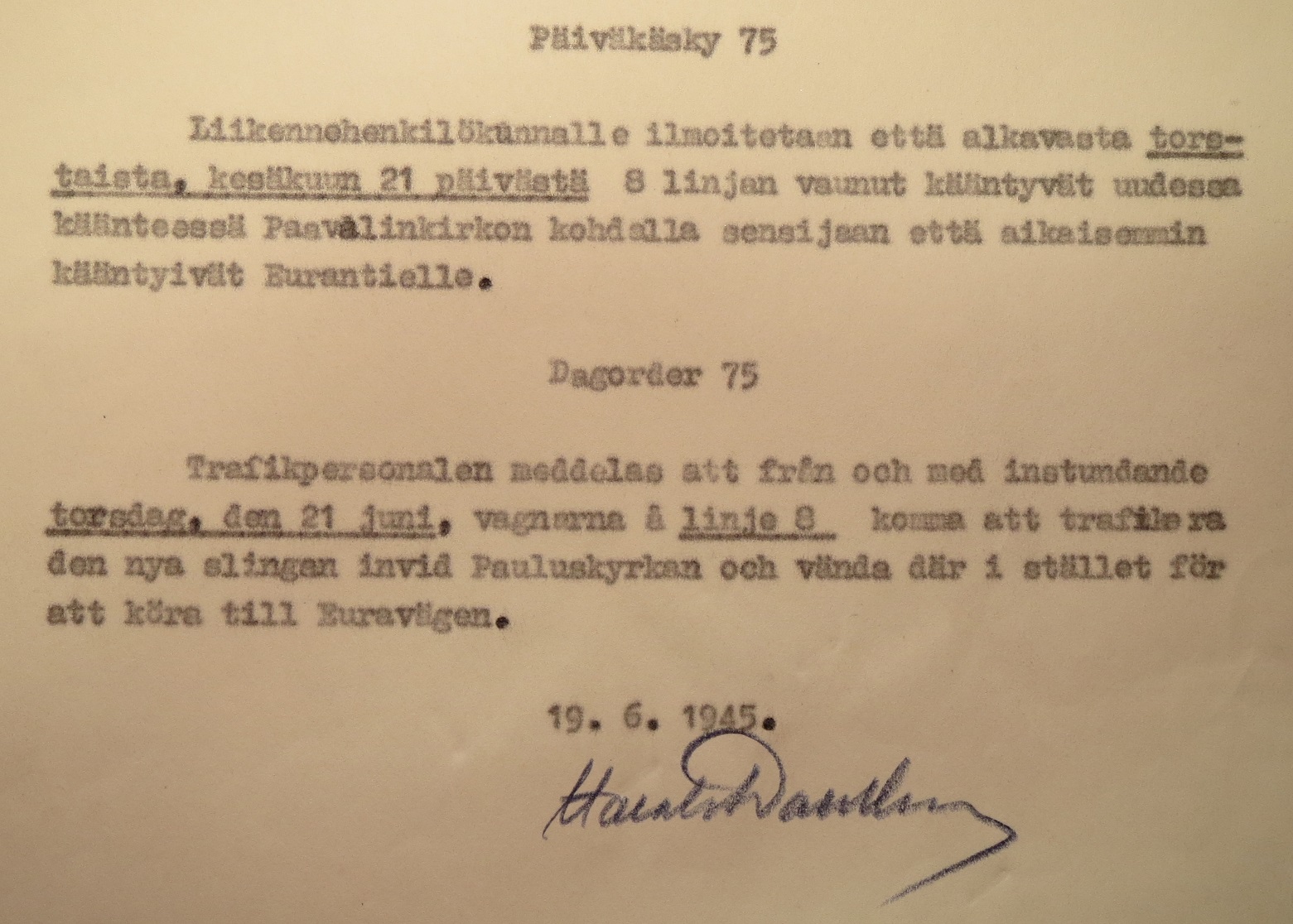 HKL:n päiväkäsky 75/1945